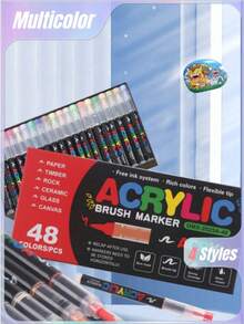12/24/36/48-Color Acrylic Markers, Soft-Tipped Acrylic Pens, Fast-Drying Waterproof Acrylic Markers, Suitable For Canvas, Rock Painting, Wood, Stone, Glass, Ceramic, Textile Painting, And DIY Crafts, Making Them Ideal For Back-To-School Gifts, Suppli - Multicolor - View 1