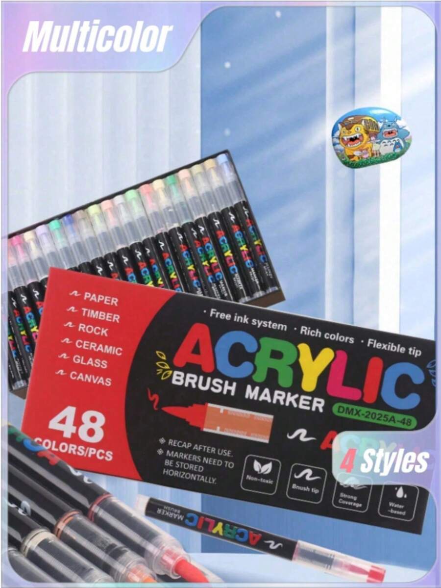 12/24/36/48-Color Acrylic Markers, Soft-Tipped Acrylic Pens, Fast-Drying Waterproof Acrylic Markers, Suitable For Canvas, Rock Painting, Wood, Stone, Glass, Ceramic, Textile Painting, And DIY Crafts, Making Them Ideal For Back-To-School Gifts, Suppli - Multicolor - View 1