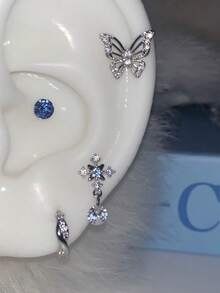 1pc Blue Cross Snowflake Pendant Ear Cartilage Stud U-Shaped Cross Hoop Earring Niche Double Layer Blue Earrings For Women - Blue Ear Stud - View 1