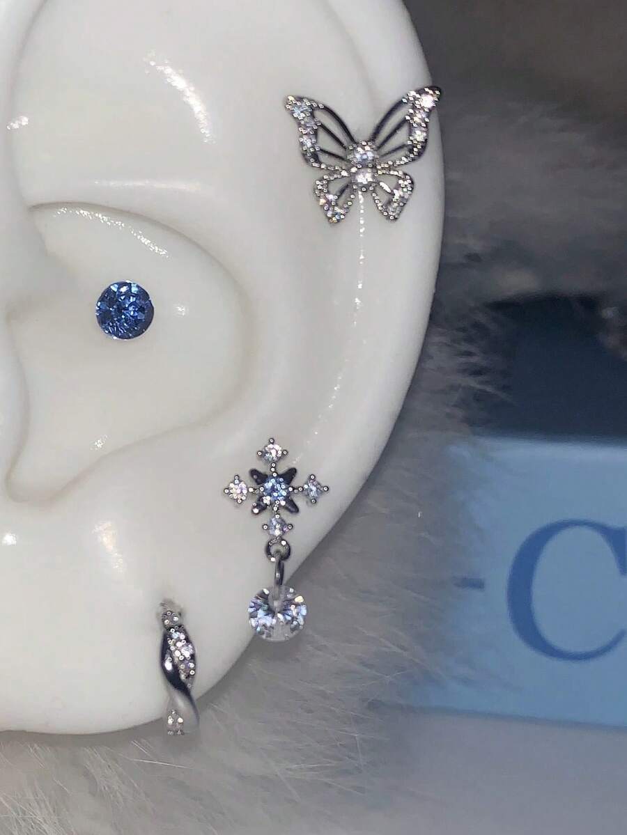 1pc Blue Cross Snowflake Pendant Ear Cartilage Stud U-Shaped Cross Hoop Earring Niche Double Layer Blue Earrings For Women - Blue Ear Stud - View 1