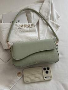 1pc Solid Color Fashion Leopard Print Asymmetrical Flap Retro Minimalist Elegant Shoulder Underarm Bag - Mint Green - View 6