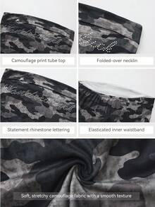 Top de tirantes finos con camuflaje y pedrería para mujer ARA CHIC, bustier corto sin mangas, camisola estilo callejero Y2K de verano - Verde militar - Ver 6
