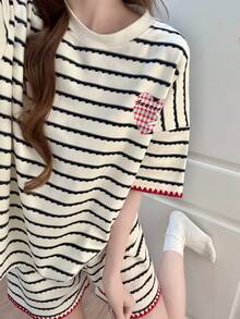 2pcs/Set Piyama Wanita, Motif Garis-garis Modis, Pola Lucu, Pullover Lengan Pendek Romantis, Pakaian Musim Semi/Panas, Kain Mudah Perawatan - Aprikot - View 5