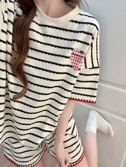 2件組女款睡衣家居服套裝，時尚條紋印花可愛圖案浪漫套頭短袖短褲，春夏穿著，易打理面料