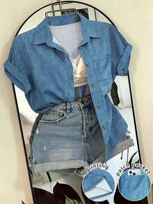 Camisa de manga corta con bolsillo, de rayas, casual y de vacaciones, con botones delanteros - Multicolor 5 - Ver 1