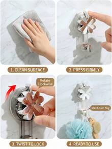 3pcs White Flower Wall-Mounted Suction Cup Hooks, Transparent Drill-Free Bathroom Accessories Storage Rack, Detachable Strong Suction Cup Hooks, Kitchen Accessories Organizer, Room Decor Shelf, Suitable For Living Room, Entryway, Closet - Clear - View 5