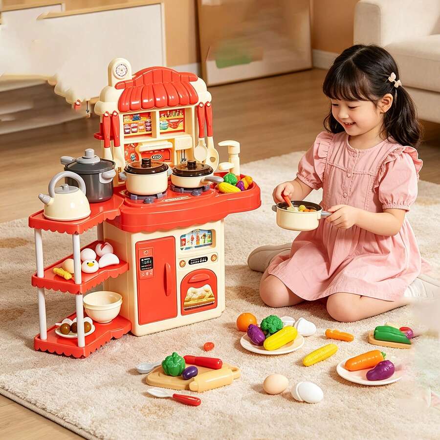 兒童家庭廚房玩具，逼真食物與配件，適合女孩與男孩，精緻餐桌，廚房玩具套組，包含鍋子與平底鍋，廚房玩具，廚房遊戲，兒童廚房，兒童烹飪玩具，模擬烹飪套組玩具，包含鍋子、碗與平底鍋，適合 3-8 歲