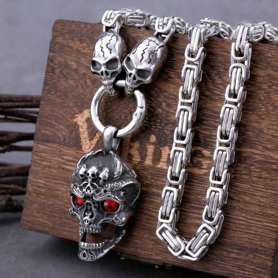 Stainless Steel Red Eye Skull Pendant With Skull Square Chain Necklace Men's Fashion Pendant Necklace Hip Hop Male Jewelry Gift - Silver - View 1