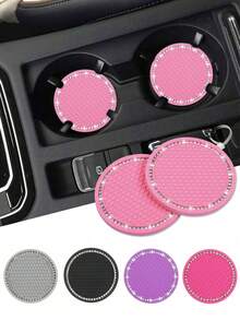 1/2pcs Car Cup Holder Coasters, Shiny Cup Holder Insert Coasters, Universal Anti-Slip Car Cup Holder Decorative Silicone Cup Mats, Car Interior Pad, 7cm/2.75" Soft Crystal Rhinestone Rubber Coaster Set Round Car Beverage Cup Holder Accessories - One Size - View 6