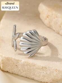 RAYQUEEN 1 pieza Anillo de acero inoxidable con estrella de mar y concha para mujer, anillo de banda abierta elegante, versátil, dulce y fresco, adecuado para uso diario - anillo - Ver 10