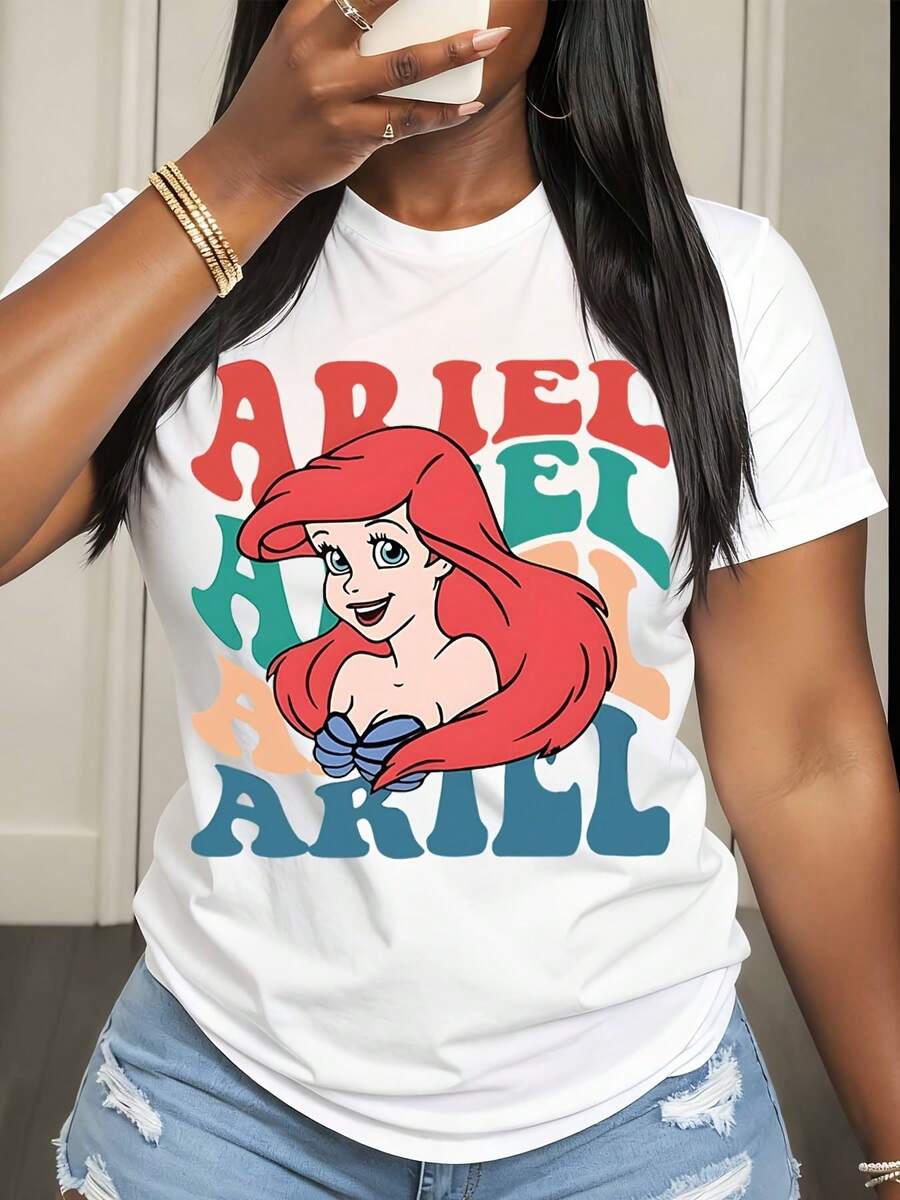 Disney Ariel Princess Character Print T-Shirt For Women Casual Summer Wear - White - View 1