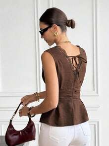 Blusa de vacaciones con textura, fruncido, encaje y volantes en el bajo - Caqui - Ver 3