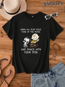 When All Else Fails Turn Up The Music Loose Women's Short Sleeve Snoopy Cute Comic Print T-Shirt Snoopy Charlie Brown Loose Knit - Black - View 1