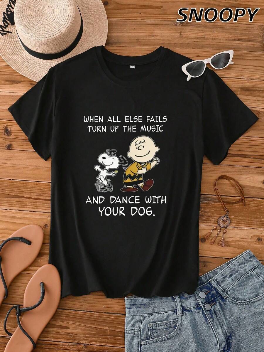 When All Else Fails Turn Up The Music Loose Women's Short Sleeve Snoopy Cute Comic Print T-Shirt Snoopy Charlie Brown Loose Knit - Black - View 1