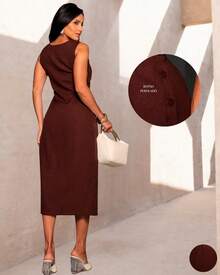 Women's Midi Dress Elegant Casual Buttons Front Simple Button - 鏽棕色 - 查看 5