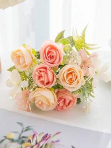 1 Stück künstlicher Rosen- & Hortensienkranz, geeignet für Hochzeit, Zuhause, Zimmer, Esstisch, Feiertagsdekoration, Brautstrauß, Outdoor-Garten DIY Geschenk, Seidenrose, Hochzeitsdekoration, Valentinstagsgeschenk - Pink - Übersicht 5