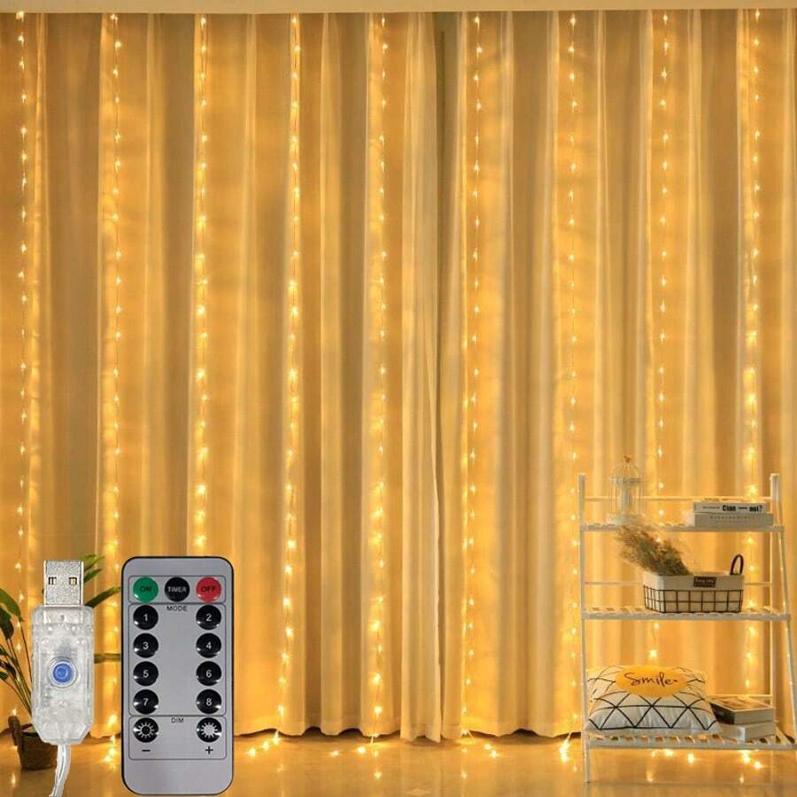 1 pieza Luces LED de cortina con 8 modos alimentadas por USB para ambiente festivo interior, decoración colgante para bodas, fiesta de cumpleaños, dormitorio, ventana, decoración de pared de fondo de sala de estar (control remoto no incluido, batería no incluida)
