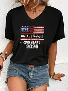 New Fashion Graphic T-Shirt 2026, V-Neck, White, American Flag, "We The People", 1776, Independence Day Celebration, 250 Years, Casual Wear, 100% Cotton, Casual T-Shirt - 黑色 - 查看 1
