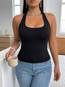 Women's Plus Size Ribbed Halter Neck Tank Top, Open Back Slim Fit Sleeveless Cami, Casual Daily Wear, Lounge & Workout Athletic Tops - Black - View 3