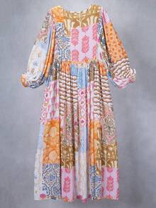 女款波希米亞風花卉拼接長洋裝，V領綁帶肩帶、燈籠袖、附口袋，休閒夏季度假陽光洋裝，優雅風格 - 彩色 - 查看 7