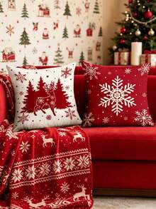 1/4pcs New Christmas Pattern Pillowcase, Christmas-Themed Throw Pillow Cover, Decorative Pillow Cover, Square Pillowcase, Christmas Decoration, Suitable For Living Room, Sofa, And Bedroom Party Decor, Pillow Insert Not Included 18x18 Inches - Red - View 7