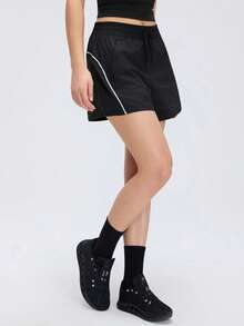 KyrLssu Minimalist Contrast Color Line Casual Shorts, Elastic Waist Loose Fit Shorts, Suitable For Various Styles Daily Matching - Black - View 7