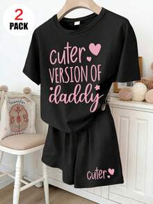 2pcs/Set Cute Graphic T-Shirt + Shorts Set For Teen Girls, Heart Slogan Tee, Casual Daily/School Wear - Black - View 1