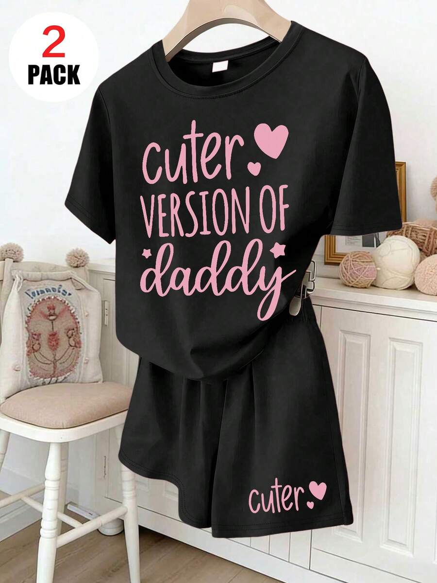 2pcs/Set Cute Graphic T-Shirt + Shorts Set For Teen Girls, Heart Slogan Tee, Casual Daily/School Wear - Black - View 1