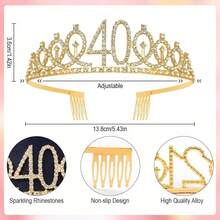 2 Buah/Set Mahkota & Selempang Berlian Imitasi Emas Mawar, Bando Sisir Ulang Tahun, Hadiah Dekorasi Pesta untuk Wanita Usia 18/21/30/40/50/60/70/80 Tahun, Aksesoris Pesta - Emas - View 7