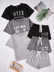 Conjunto de 3 piezas de pijama: Sudadera con capucha de manga corta y estampado de letra + Pantalones cortos - Multicolor 2 - Ver 2