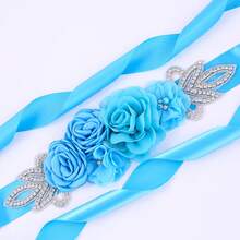 1pc Romantic Fabric Flower Handmade Rhinestone Bridal Waist Belt Wedding Dress Decor Maternity Photoshoot Accessory - Sky Blue - View 3