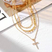 1pc Thick Multi-Layer Cross Pendant Necklace, Hip-Hop Style Chain, Fashion Accessory, Unisex - Gold - View 7