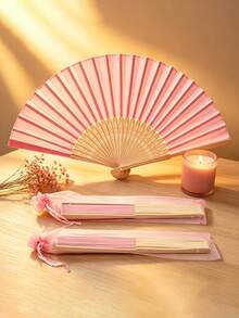 Juego de abanicos de mano plegables elegantes de color rosa, incluye tarjeta de agradecimiento y bolsa de regalo, abanico de mano de bambú nupcial, adecuado como regalo para damas de honor y decoración de boda, perfecto para fiestas, eventos y accesorios de verano - Multicolor - Ver 2