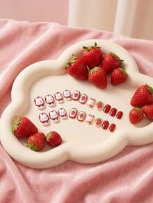 24pcs Kids Girls Press-On Short Artificial Nails, Cute Strawberry & Rabbit Pattern Design Pre-Glued Full Coverage Acrylic Nail Tips Set, Suitable For Children Girls Nail Decoration (Strawberry Girl) - Multicolor - View 2