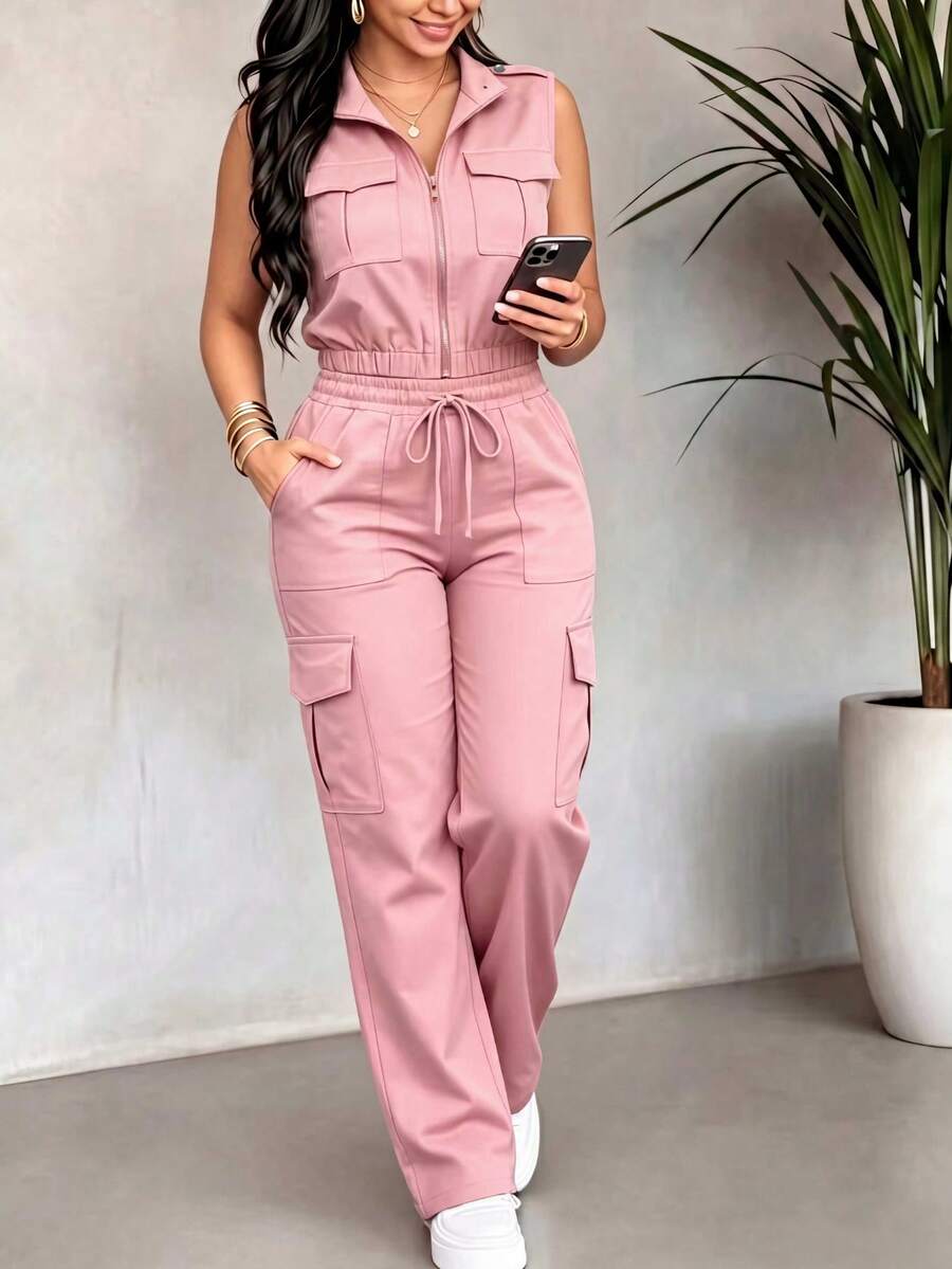 2pcs/Set Women's Elegant Collared Short Sleeve Top & Wide Leg Pants Suit, Solid Color Slim Fit, Concealing Flaws Summer Pink - Pink - View 1