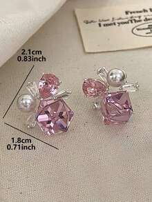 1 Pair French Elegant Unique High-End Sweet Exquisite Faux Pearl Design Glass Inlaid Fashion Stud Earrings Suitable For Women's Daily Commute, Date, Party, Gathering, Holiday Wear - Pink - View 5