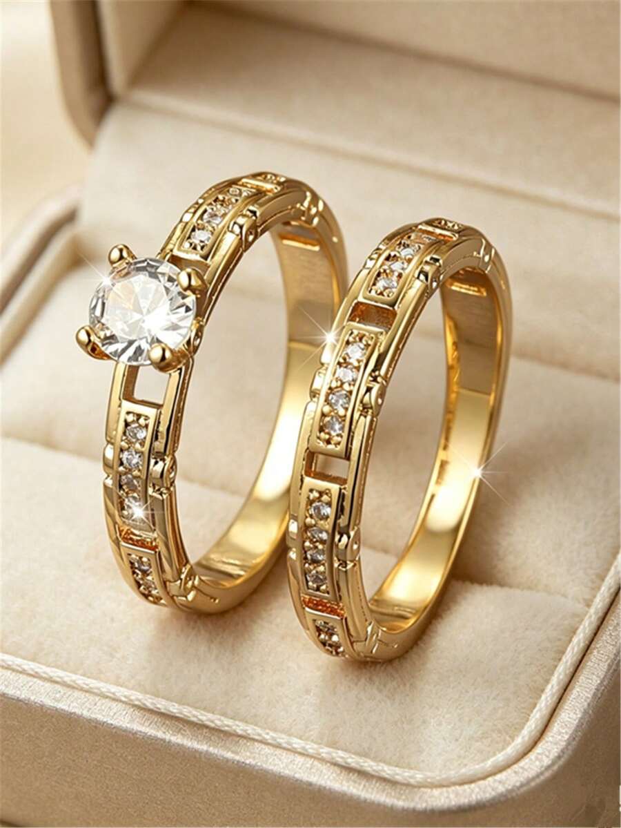 2件組女款婚戒,時尚奢華合金鑲嵌立方鋯石戒指,適合日常配戴、派對、約會,母親節禮物,送給家人或朋友的最佳禮物 - 金色 - 查看 1