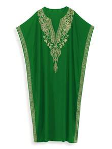 Plus Size Gold Embroidered V Neck Batwing Sleeve Boho Kaftan Maxi Beach Cover Up For Summer Vacation - Green - View 3