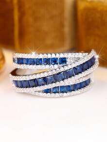 1 pieza Anillo de mujer con diseño de arte de línea geométrica creativa y strass azul, adecuado para todas las celebraciones especiales durante todo el año, realza tu encanto - Azul - Ver 3