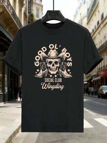 Vintage Cowboy Grafik Herren T-Shirt Frühling, Rundhalsausschnitt, Lockere Passform, Street Hip-Hop, Komfortpassform, Grafikdesign - 黑色 - 查看 2