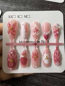 10pcs French Gradient 3D Floral Decor Water Ripple Rhinestone Design Fashion Y2K Fresh Style Glossy Full Coverage Fake Nails, Suitable For Women Girls Daily Wear, Spring Medium-Long Almond Shape Acrylic Nail Tips - Multicolor - View 2