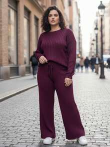 Plus Size Women's Ribbed Knit Set For Winter - Blouse And Wide-Leg Pants - Color caoba - Ver 4