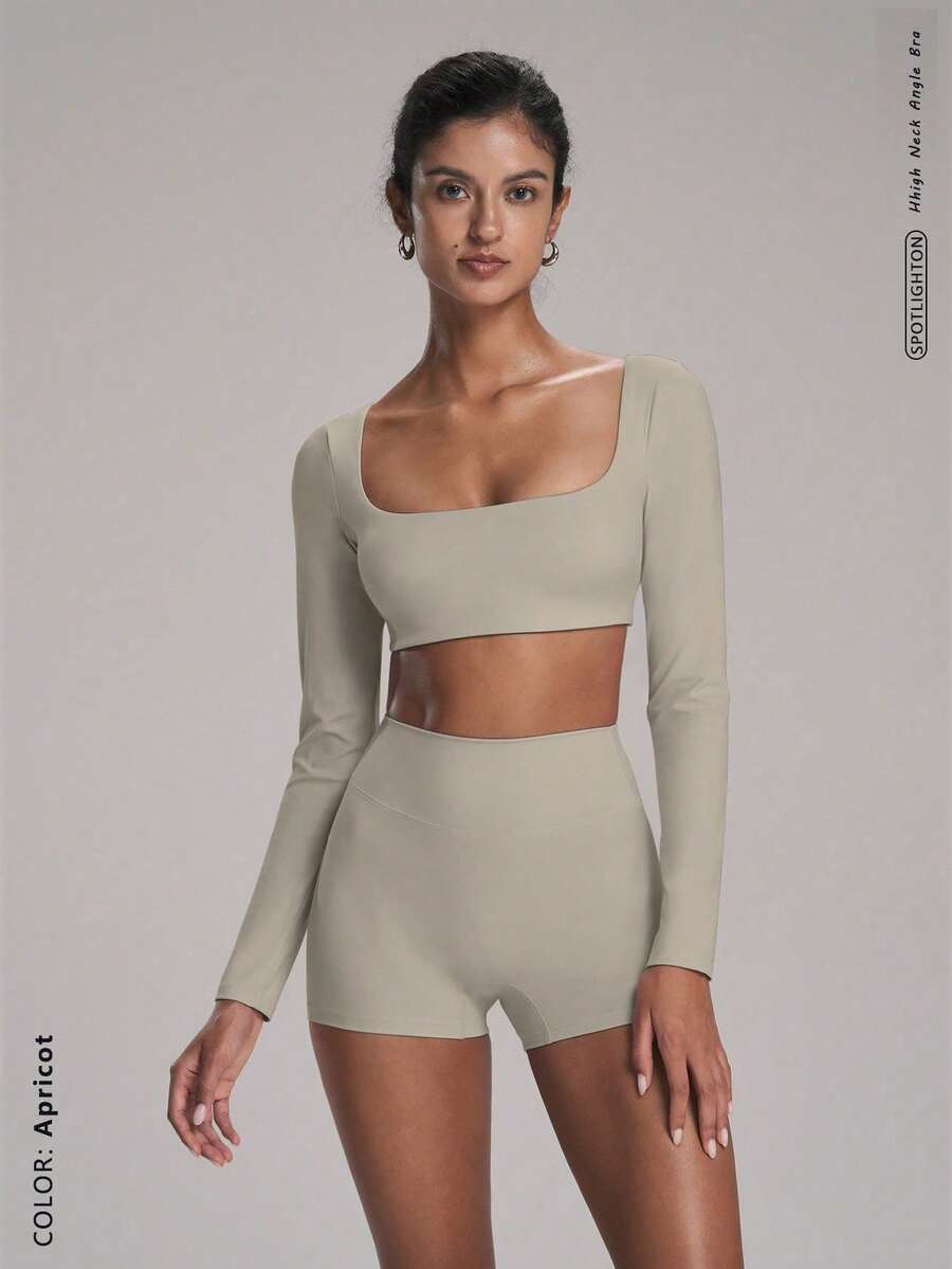 Stylish And Minimalist 2-Piece Sports Set For Women, Featuring A Versatile And Comfortable Long-Sleeved Top For Yoga, Outdoor Activities, And Running. - 杏 - 查看 1