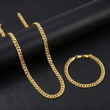 2pcs 14K Gold Plated Copper Thick Chain Necklace And Bracelet Jewelry Set, Unisex Suitable For Daily Wear, Party, Music Festival, Stage Performance - Yellow Gold - View 1