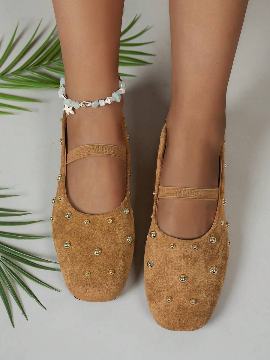 Giày bệt mũi vuông đính đinh tán tròn phong cách vintage, thoải mái và dễ phối đồ, phù hợp đi làm hàng ngày và đi du lịch - Màu nâu Mocha - Xem 1