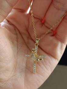 1pc Women's Pendant Necklace, Copper Inlaid Zirconia Crown Cross Pendant Necklace, Daily Versatile Layering Accessory - Yellow Gold - View 1