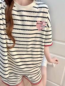2pcs/Set Piyama Wanita, Motif Garis-garis Modis, Pola Lucu, Pullover Lengan Pendek Romantis, Pakaian Musim Semi/Panas, Kain Mudah Perawatan - Aprikot - View 2