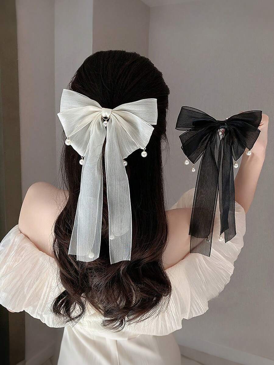 MH 1pc/2pcs Elegant Ribbon Bow Hair Clip Spring Clip Minimalist Mesh Pearl Pendant Hair Accessory Styling Tool,Claw Clips - Multicolor - View 1