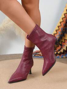 Classic Elegant Women's Thin High Heel Textured Leather Pointed Toe Back Zipper Ankle Boots, Fashionable Casual Versatile Slimming Fashion Boots, Suitable For Vacation, Outdoor Leisure, Sexy - Burgundy - View 1