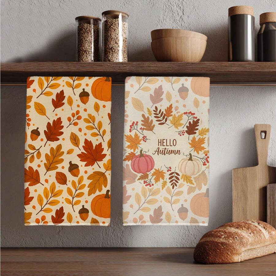 2PCS Kitchen Towel, Autumn Fallen Leaves Pumpkin Pattern Printed, 40*60cm Rectangular Microfiber Kitchen Towel, Dish Cloth, Table Cloth, Hand Towel, Kitchen Decor, Home Decor, Neighbor Housewarming Gift, Kitchen Napkin And Dish Cloth, Home Decor, Gift - Multicolor - View 1
